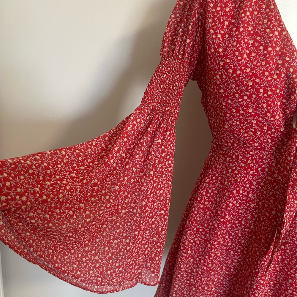 Vici Red Floral Tie-Front Long Sleeve Dress - Picture 4 of 13